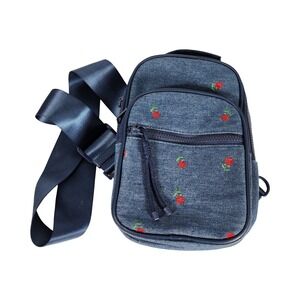 Indigo Denim Rose Embroidered Sling Crossbody Bag Blue NB251187